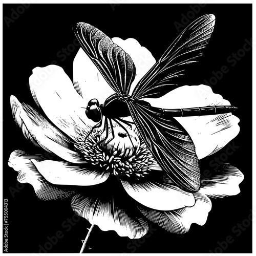 black and white flower with dragonfly