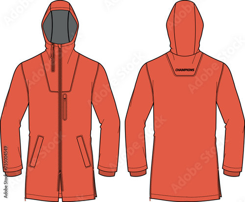 Long sleeve all condition coat Hoodie jacket design flat sketch Illustration, Hooded Parka rain coat with front and back view, winter coat for Men and women for outerwear and long weather jacket