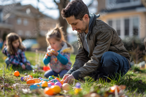 A young girl with a beaming smile collecting Easter eggs in a sunlit field during a family egg hunt.