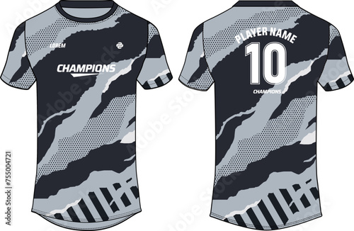 Camouflage Sports jersey t shirt design Flat sketch illustration, Round neck football jersey concept with front and back view for Cricket, soccer, Volleyball, Rugby, tennis and badminton uniform kit