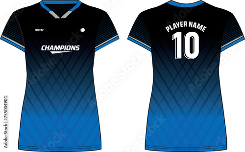 Women Sports Jersey t-shirt design flat sketch illustration with degrade line pattern suitable for girls and Ladies for Volleyball jersey, Football, Soccer and netball, Sport uniform kit for sports