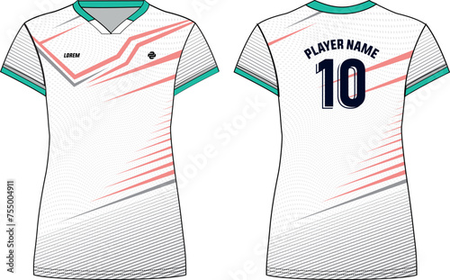 Women Sports Jersey t-shirt flat sketch design illustration with abstract Stripe pattern suitable for girls and Ladies for Volleyball jersey, Football, Soccer and netball, Sport uniform kit for sports