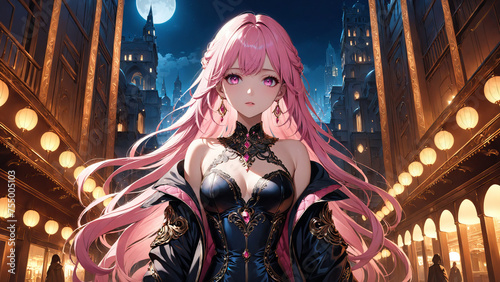 Beautiful gothic girl with pink hair against the backdrop of a night city
