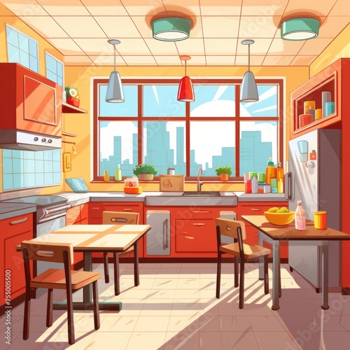 Illustration of an empty school or university kitchen with large windows and cooking utensils