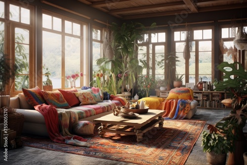 The living room in the house with large windows and decorated in Boho style, cozy home interiors © Henryzoom