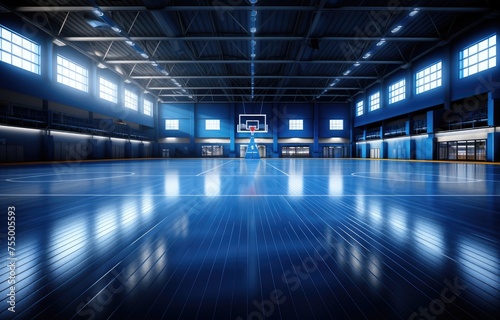  basketball hall with empty stands, dark basketball court, basketball stadium.