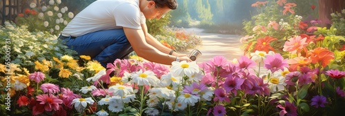 Gardener planting spring and summer flowers in his backyard, home decorating with flowers, banner photo