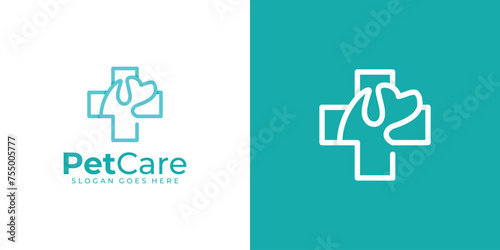 Creative Pet Care Logo. Cross Health, Plus and Dog with Linear Outline Style. Pet Care Logo Icon Symbol Vector Design Template.