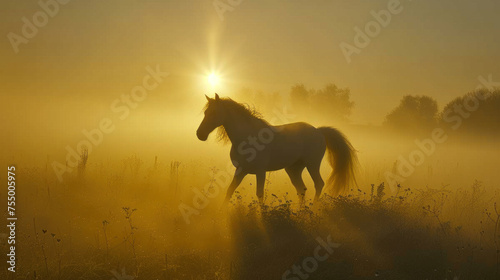 Beautiful horse running in summer field, misty sunrise, soft sunlight © Kondor83