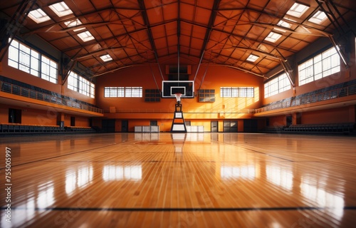  basketball hall with empty stands  dark basketball court  basketball stadium.