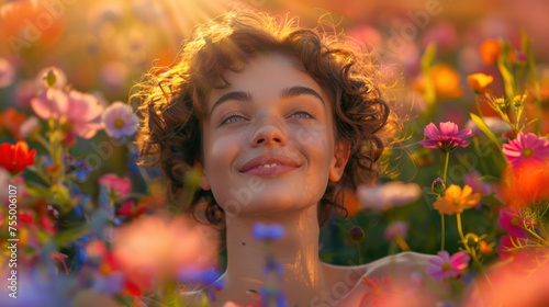 Young Woman Relaxing in Sunlit Flower Field