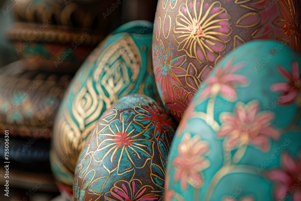 An ornate Easter egg with golden floral designs stands out among a collection of decorated eggs..