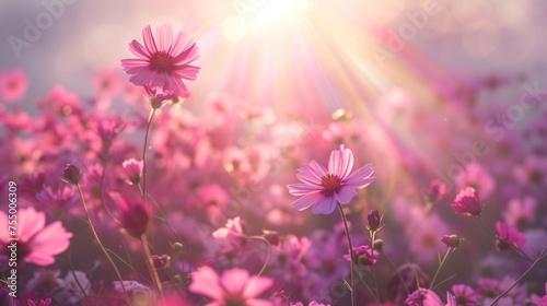 Field of wild flowers  mystical foggy morning  pink light