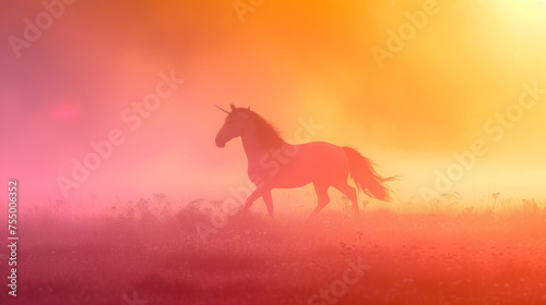 Magic unicorn in blossoming field  fairytale atmosphere