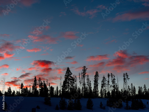 Beautiful sunrise over winter forest in Idaho