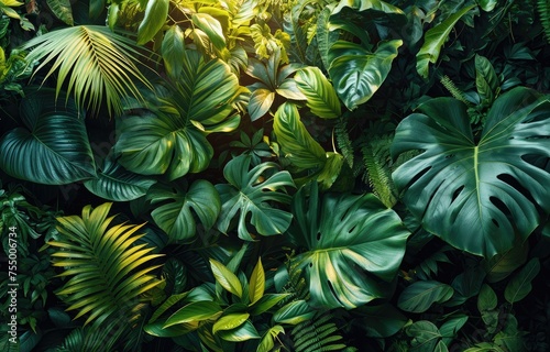 background of dark green tropical leaves, monstera, palm.