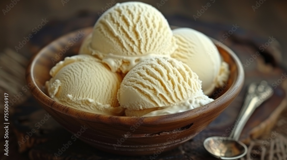 three scoops of ice cream in a wooden bowl with a spoon on the side of the bowl and a spoon on the side of the bowl. three scoops of ice cream in a wooden bowl with a spoon on the side of the bowl and a spoon on the side of the bowl.