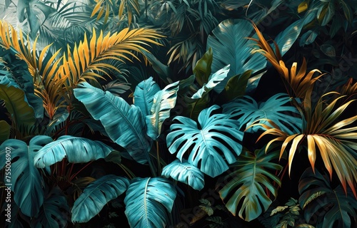 background of dark green tropical leaves, monstera, palm. © peacehunter