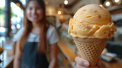 a close up of a person holding an ice cream cone in front of a counter with a woman in the background. photo