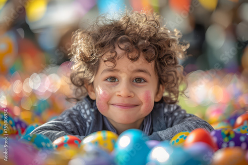 A curly-haired child lies amongst a multitude of colorful Easter eggs, his joyous smile radiating happiness..