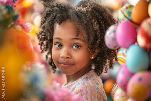 A curly-haired child lies amongst a multitude of colorful Easter eggs, his joyous smile radiating happiness..
