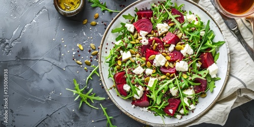 Place for text. Vegetarian salad of boiled beets, cheese, quinoa, pumpkin seeds and arugula with olive oil in a beautiful ceramic salad bowl. Healthy food concept. photo