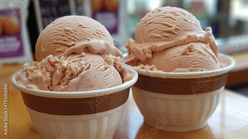 two cups of ice cream sitting on a table next to each other on top of a wooden table in front of a window. photo