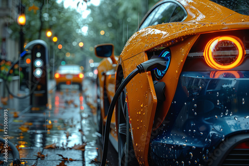 Electric cars are charged on the street in the rain