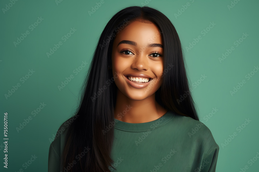 Portrait of pretty calm lady smiling dark-skinned girl isolated on green mint color background