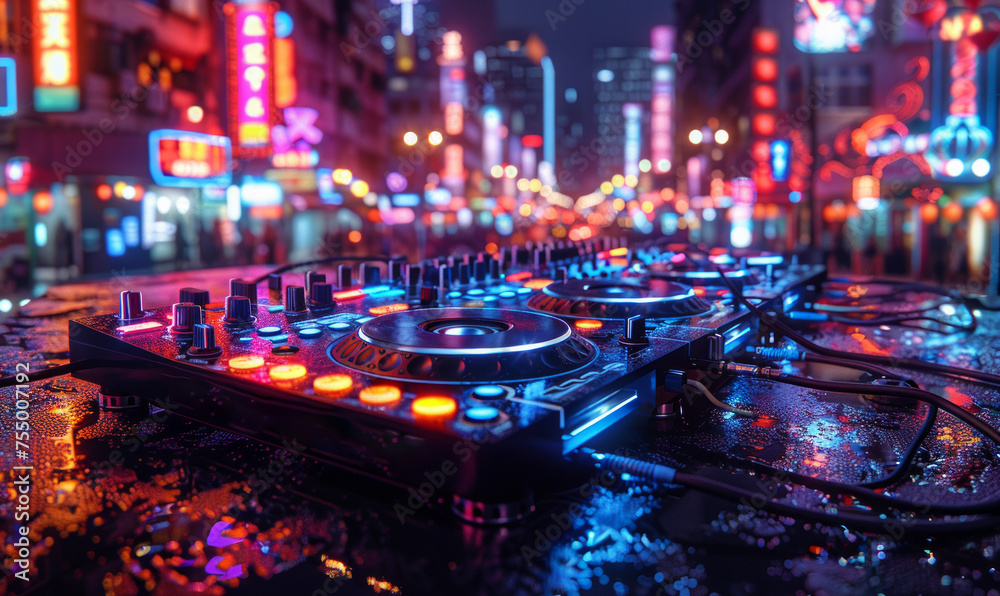 Dj mixer with headphones at nightclub at night