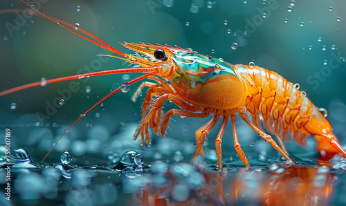 Crayfish is seen in the water with water droplets