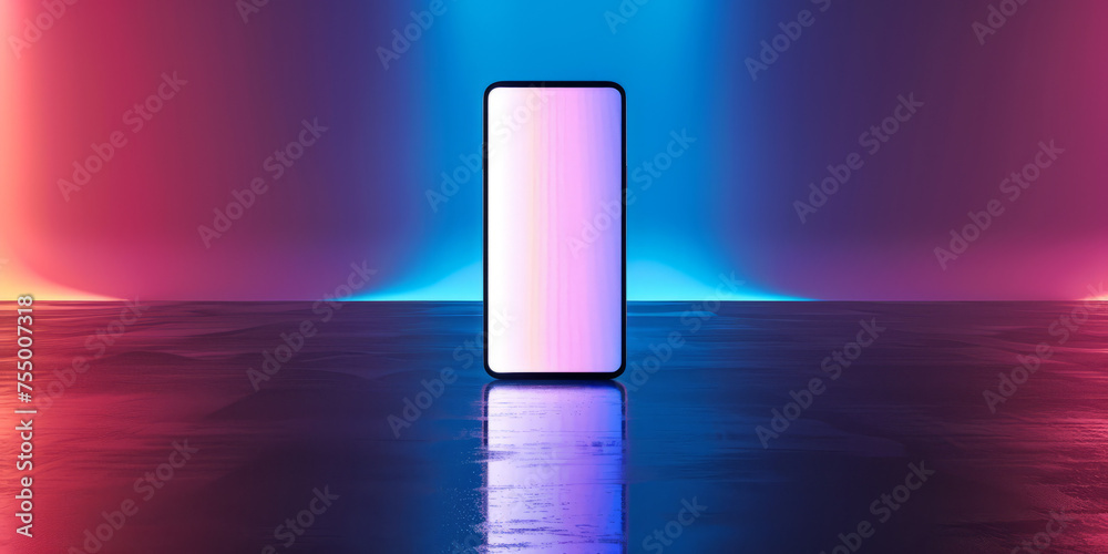 A smartphone illuminated by a neon blue and pink glow, reflecting on a glossy dark surface for a futuristic look A smartphone illuminated by a neon blue and pink glow, reflecting on a glossy dark surface for a futuristic look