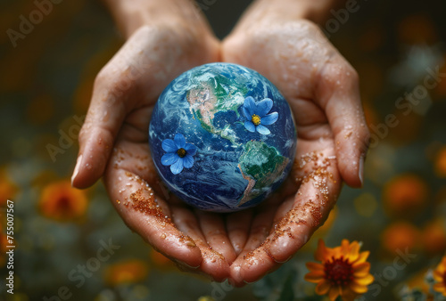 Earth globe in female hands and flowers on blurred background