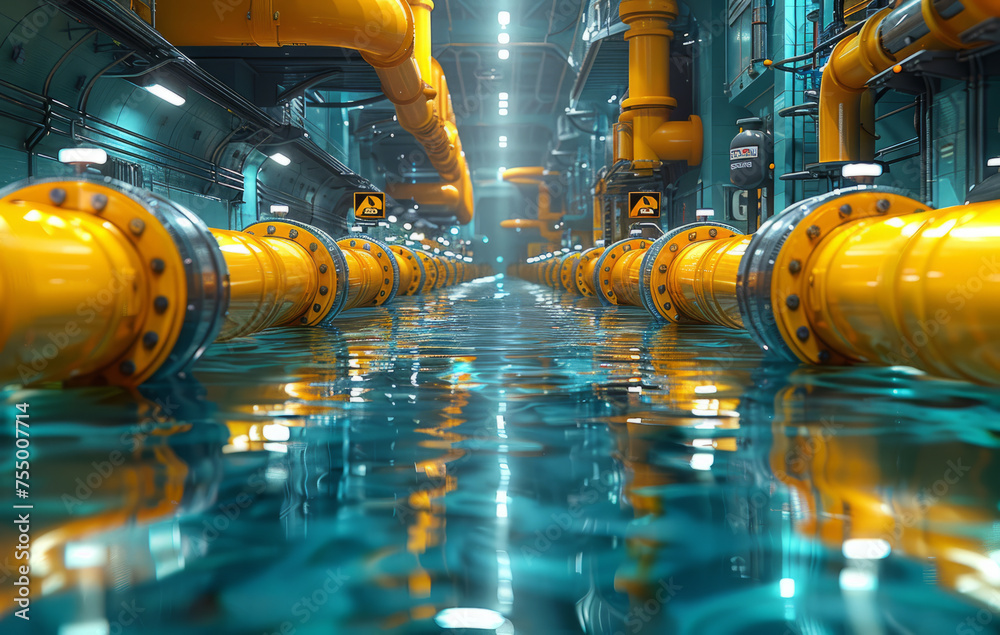 Yellow pipelines in water treatment plant Yellow pipelines in water treatment plant