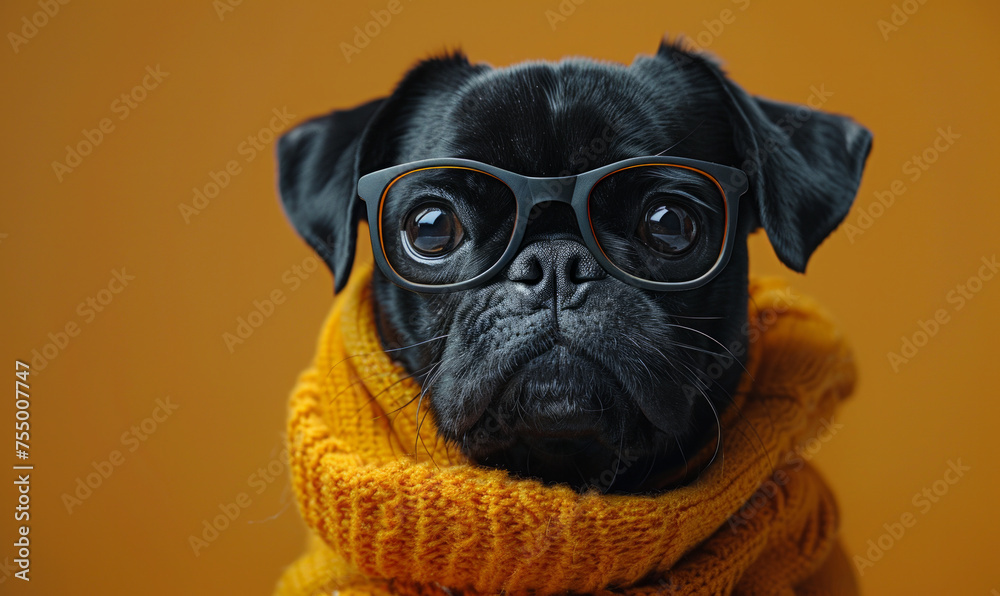 Cute pug puppy wearing glasses and scarf