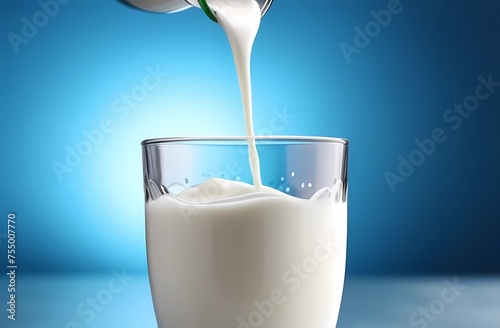 Milk is poured into a glass on an isolated blue background. Advertising of dairy products.