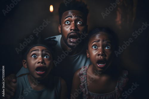 Portrait black , family members look surprised, shocked, frightened eyes on the forehead, with an open mouth