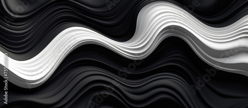 An abstract black and white background featuring dynamic wavy lines that create a sense of movement and energy. The lines flow and intersect,