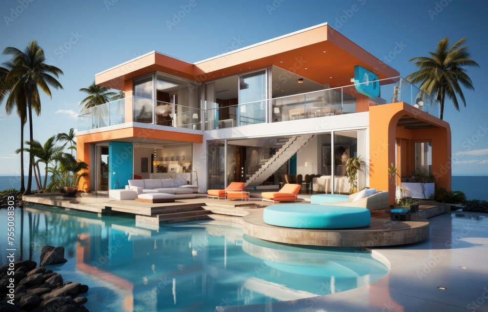 Fototapeta premium Beautiful modern beach house, minimalistic design, Beach luxury living on Sea view