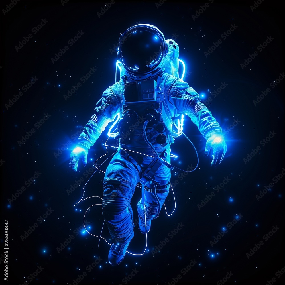the 3D Astronaut is formed by blue light. In the background in black color. Stylish in the style of light painting