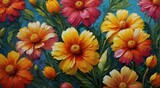 Brightly colored flowers painted with oil. Artificial Intelligence
