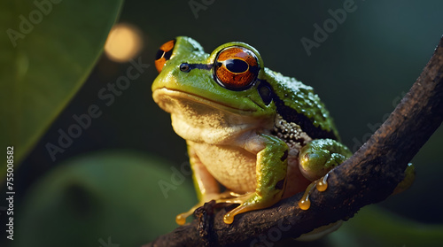 Green frog perched on a leaf in nature