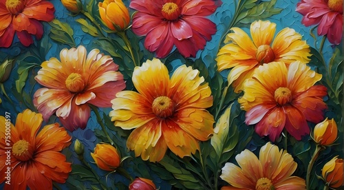 Brightly colored flowers painted with oil. Artificial Intelligence 