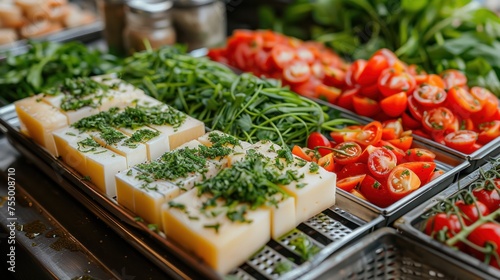 a close up of a tray of food with tomatoes, cheese, and other veggies in the background.