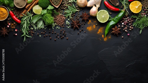Selection of spices herbs and greens, ingredients for cooking over dark background