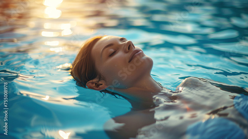 Woman Relaxing in Blue Swimming Pool, Radiating Beauty and Happiness Amidst Water Fun and Smiles