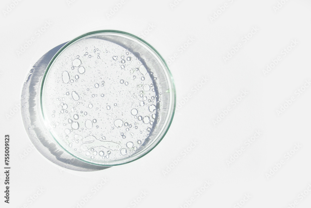 Petri dish. Petri cups with liquid. Kit. Chemical elements, oil, cosmetics. Gel, water, molecules, viruses. Close-up. On a white background.