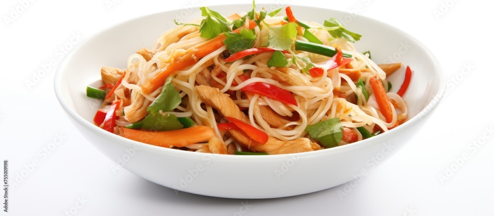 A dish of noodles and vegetables in a white bowl, a staple food in many cuisines, featuring ingredients like leaf vegetables and produce, served on a white tableware A dish of noodles and vegetables in a white bowl, a staple food in many cuisines, featuring ingredients like leaf vegetables and produce, served on a white tableware