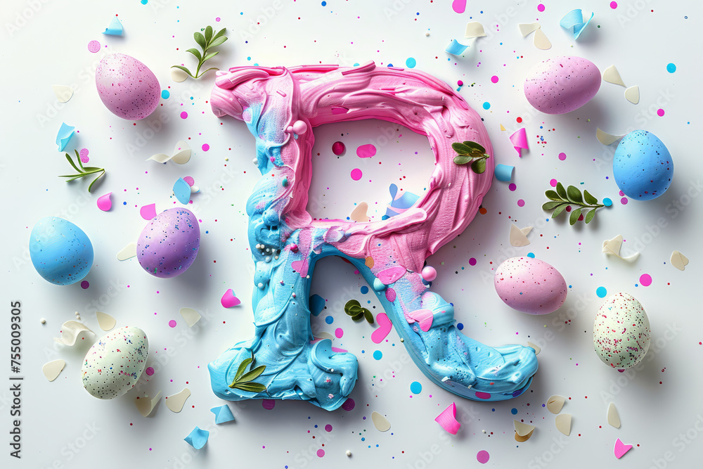Colorful Easter-themed 3D illustration of the letter with flowers and eggs.