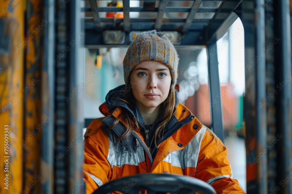Woman supervisor operates forklift to move shipping containers at ...